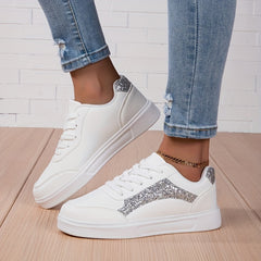 Glitter Faux Leather Skate Shoes Sequin Decor Non Slip Flat Sneakers