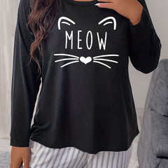 Women's Plus Size Cat Graphic Long Sleeve Home Wear T-shirt