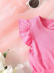 Toddler Girls Ruffle Trim Flowers Graphic Belted Spliced Princess Dress
