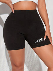 Letter Print Biker Shorts High Waist Skinny Yoga Sports Shorts