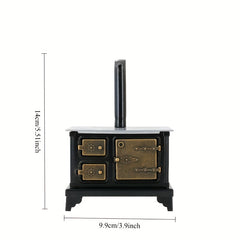 Miniature Iron Stove w/ Chimney 1:12 Dollhouse Accessory & Brown Furniture