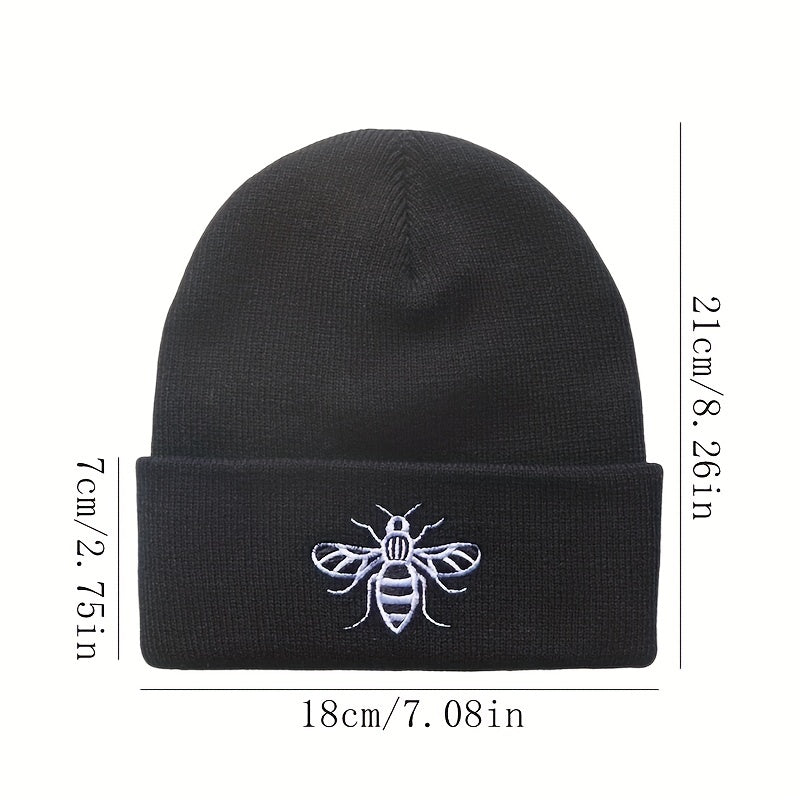 Bee Embroidery Knit Hat for Cycling, Warm Beanie for Sports