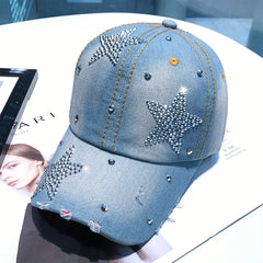 Distressed Rhinestone Star Denim Baseball Cap Adjustable Sun Hat