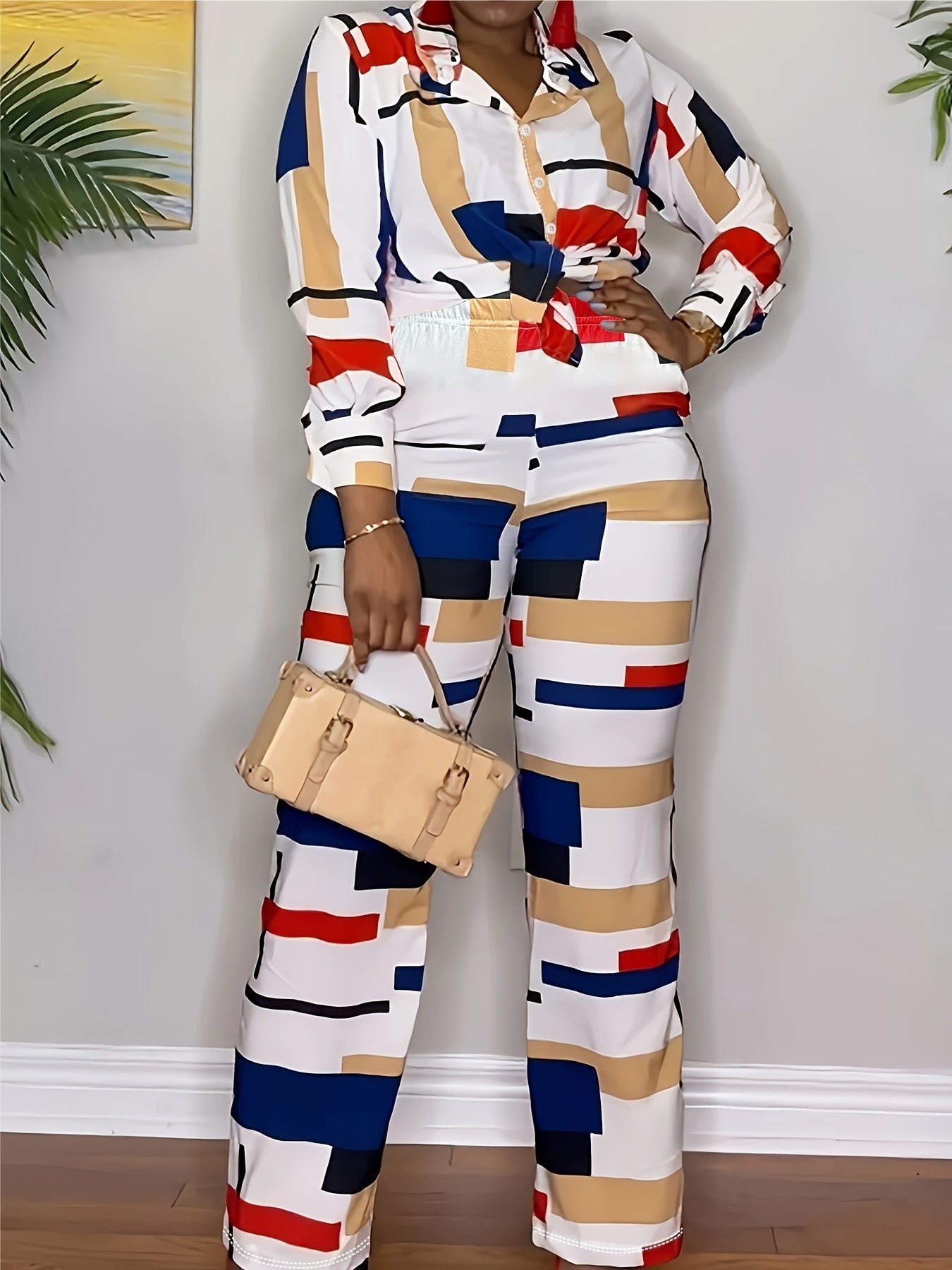 Geometric Print Button Up Blouse & Pants Set