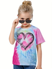 Casual Tie Dye Heart Print Short Sleeve T-shirt Girls Boys Summer Tees