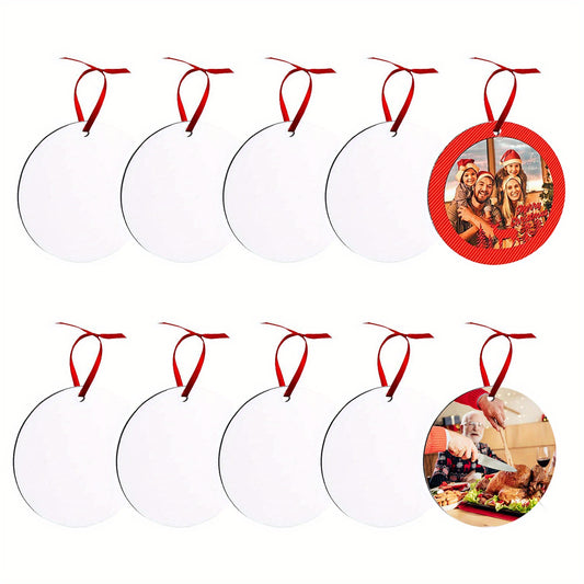 10pcs Sublimation Round Ornament Blanks with Red Ribbon Double Sided