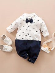 Newborn Infant Cotton Gentleman Romper Long Sleeve Bowtie Jumpsuit