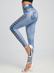 Denim Print Skinny Leggings Stretchy Casual Leggings