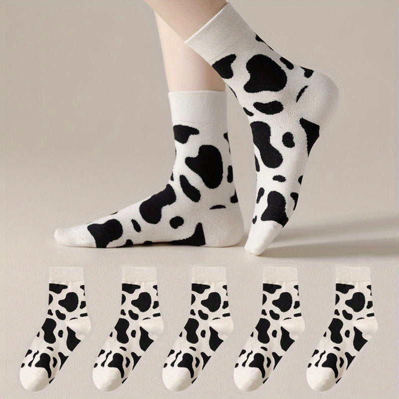 5 Pairs Cow Spots Print Socks Women's Stockings