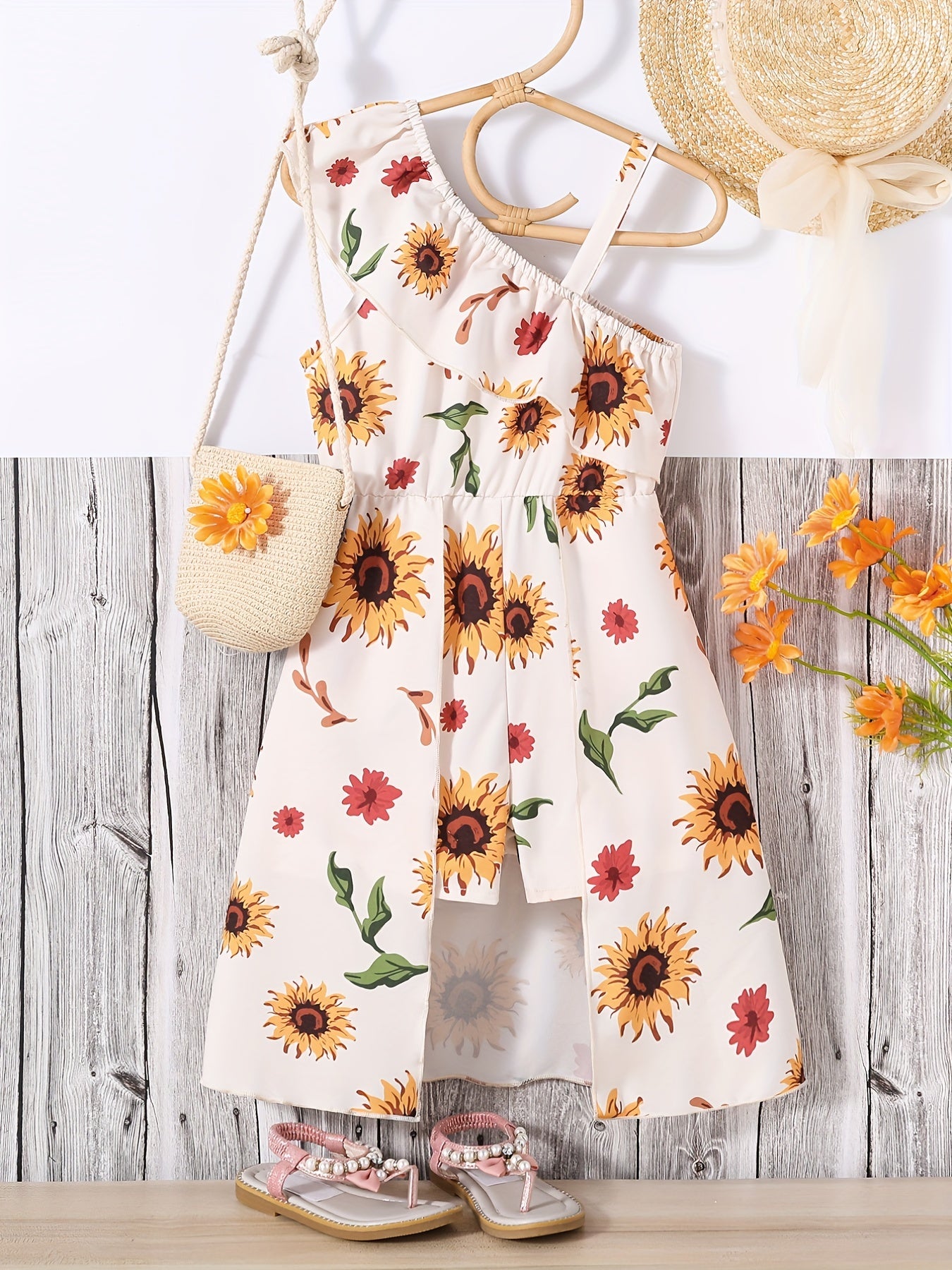 Girls Sunflower Print Jumpsuit Off Shoulder Ruffle High Low Romper Summer