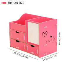 Wooden Storage Organizer With Mirror Desk Organizer