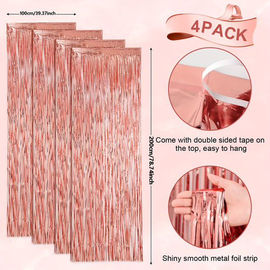 4pcs Rose Golden Foil Fringe Backdrop Curtains Birthday Party Decorations