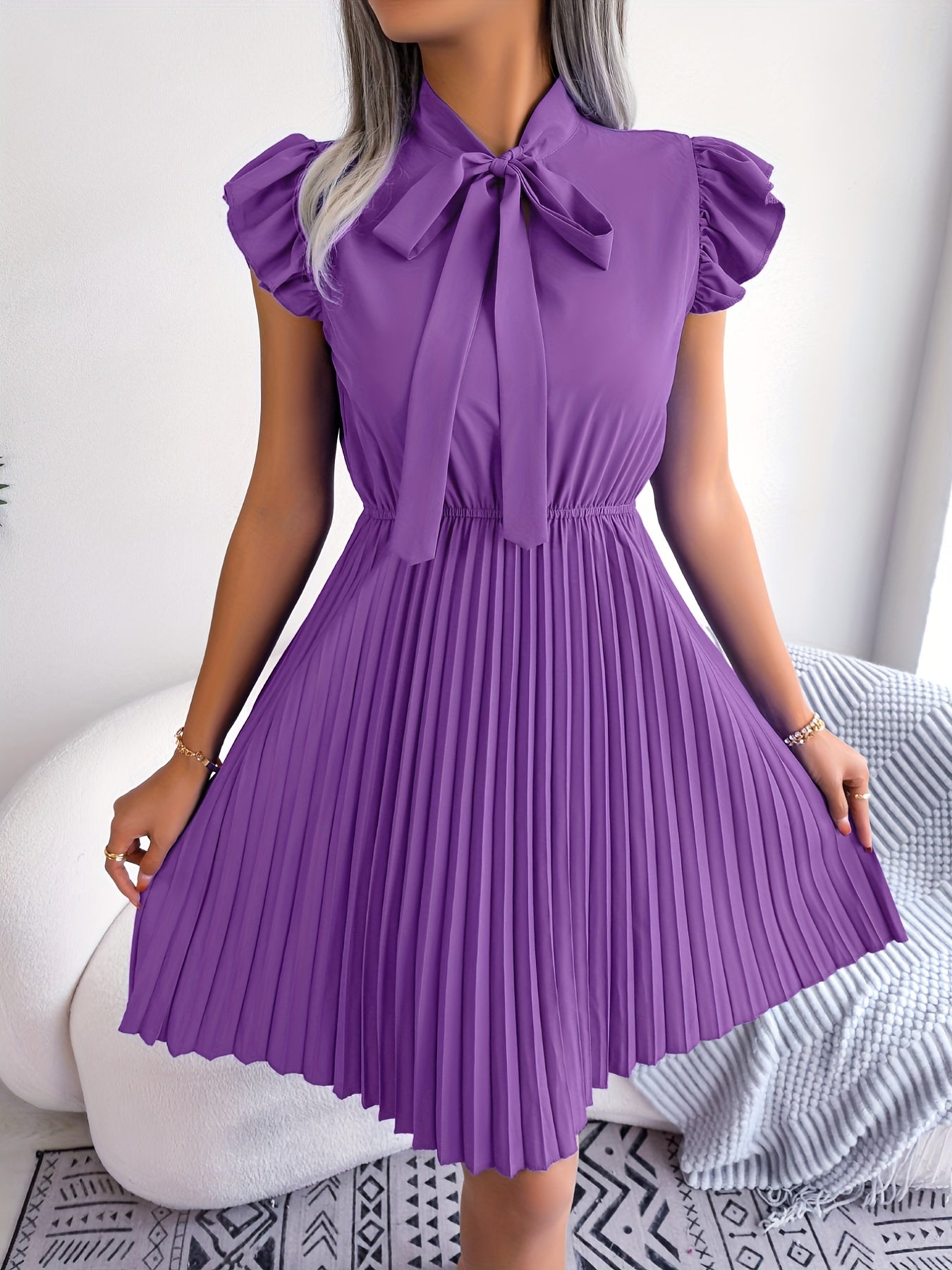 Ruffle Trim Pleated Dress for Women