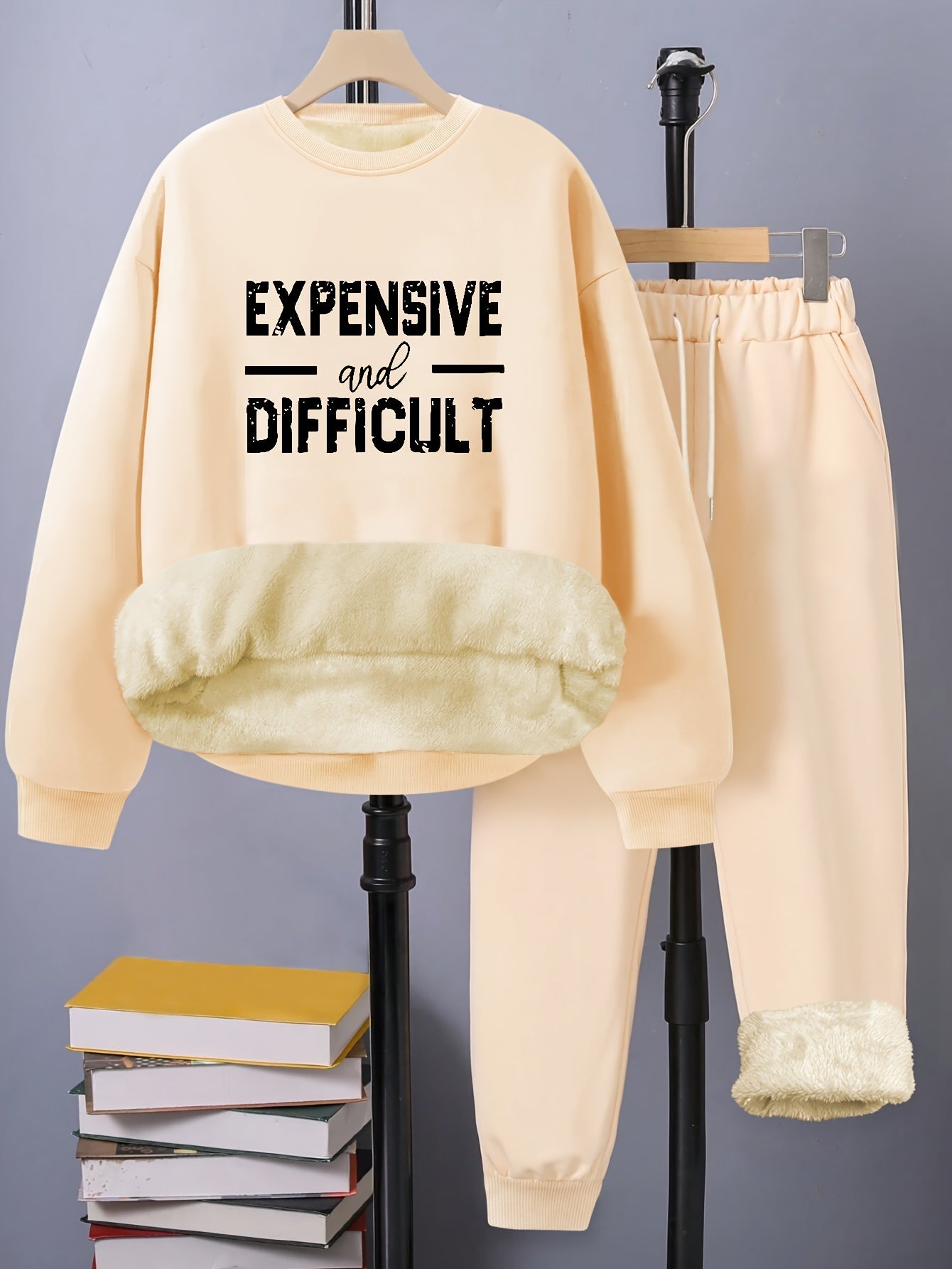 Letter Print Fleece Top & Pants Outfit Set