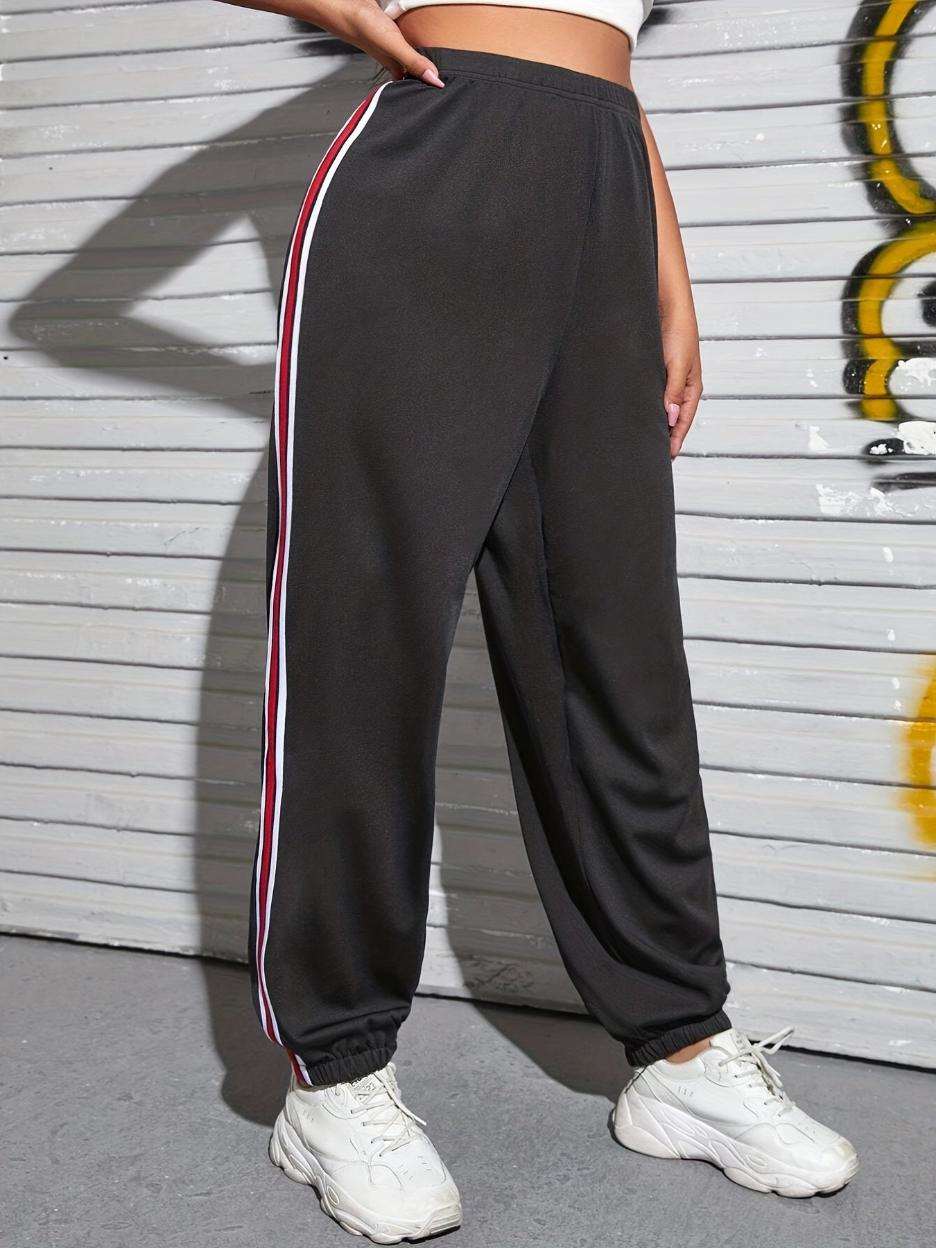 Sports Pants Women's Plus Side Stripes Elastic Waist Medium