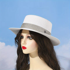Rhinestone Strap Sun Hat M Label Decor Straw Jazz Hat Flat Top Fedora Cap