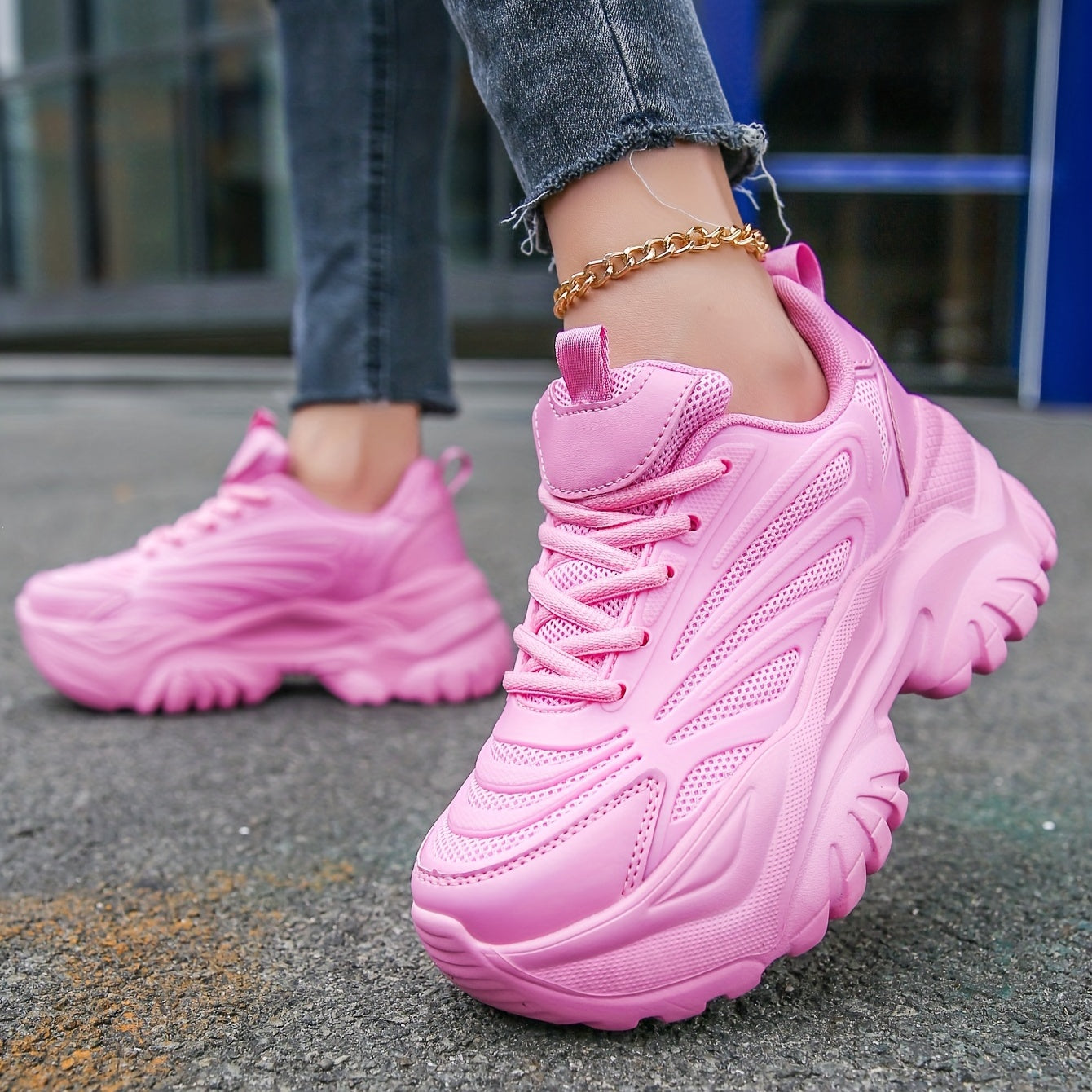 Women's Mesh Chunky Sneakers Lace Up Comfortable Outdoor Shoes