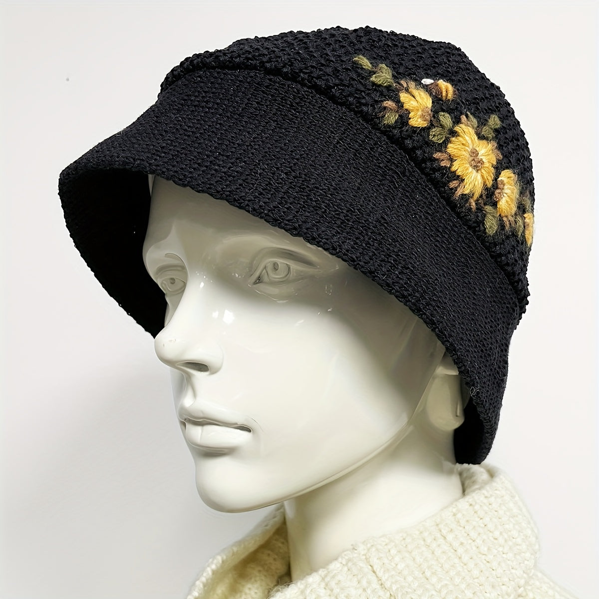 Yellow Flower Bee Bucket Hat Crochet Warm Basin Hat Women Cloche Hat