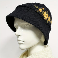Yellow Flower Bee Bucket Hat Crochet Warm Basin Hat Women Cloche Hat