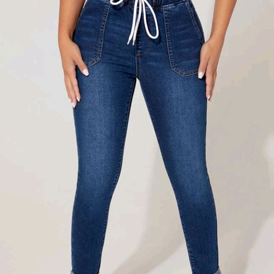 Skinny Jeans Drawstring Elastic Mid Stretch Denim Pants