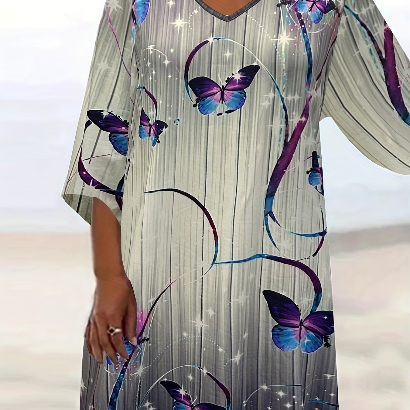 Women's Plus Butterfly Print Half Sleeve V Neck Dress