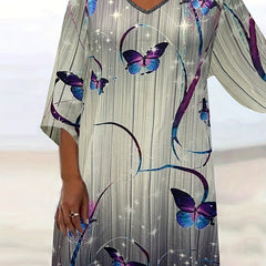 Women's Plus Butterfly Print Half Sleeve V Neck Dress