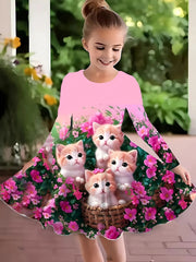 Girls 3D Kitty Long Sleeve Dress
