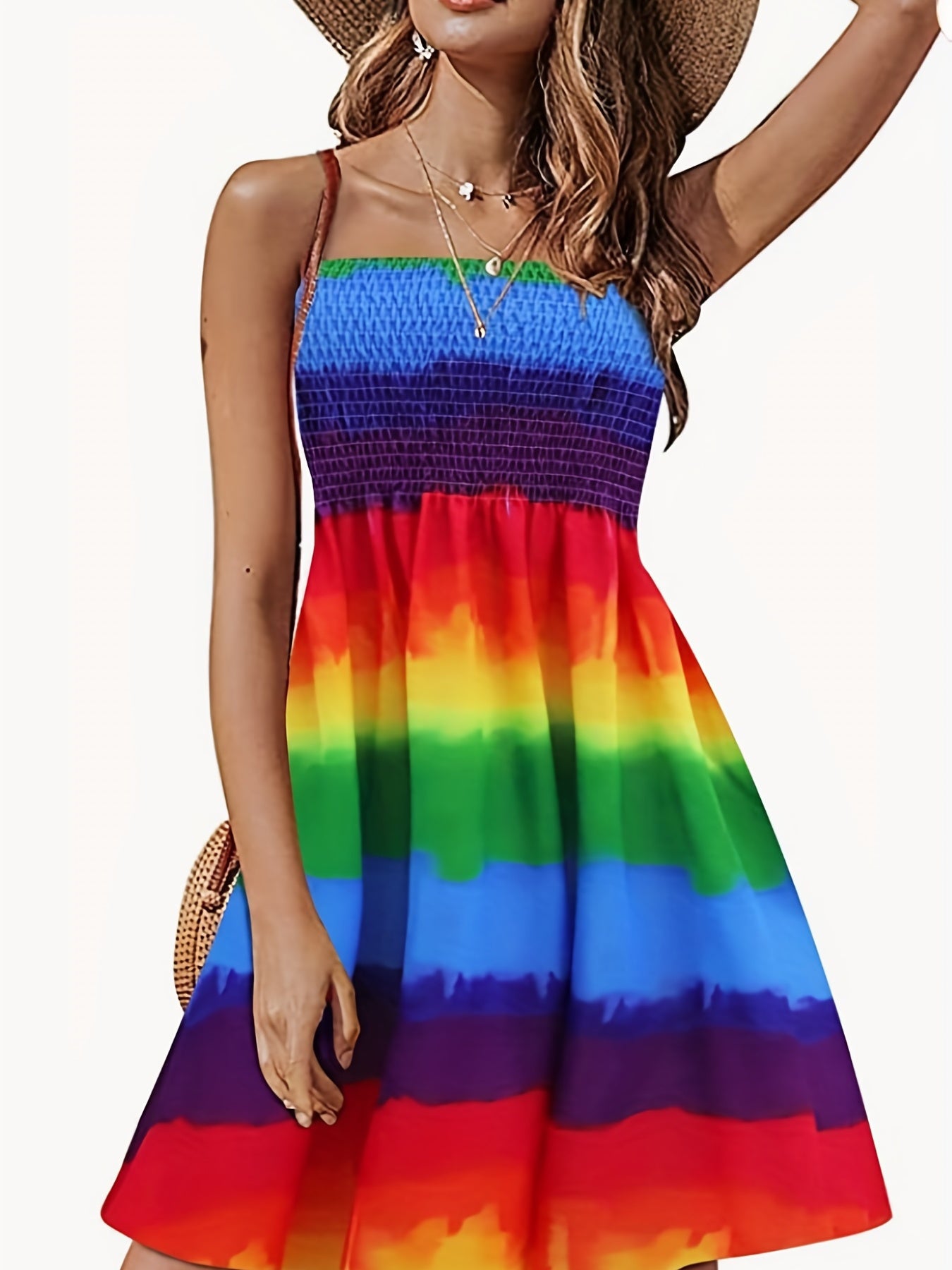 Rainbow Stripe Print Tube Dress Off Shoulder Shirred Dress