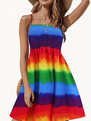 Rainbow Stripe Print Tube Dress Off Shoulder Shirred Dress