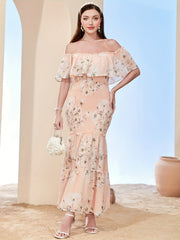 Floral Off Shoulder Bridesmaid Dress Ankle Length