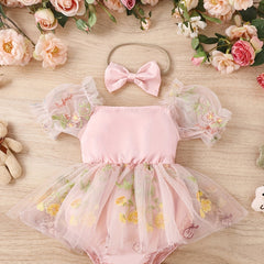 Baby Girls Floral Embroidery Mesh Onesie Dress & Headband Set