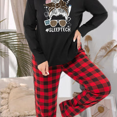 Leopard Graphic Long Sleeve Tee & Plaid Pants Lounge Set