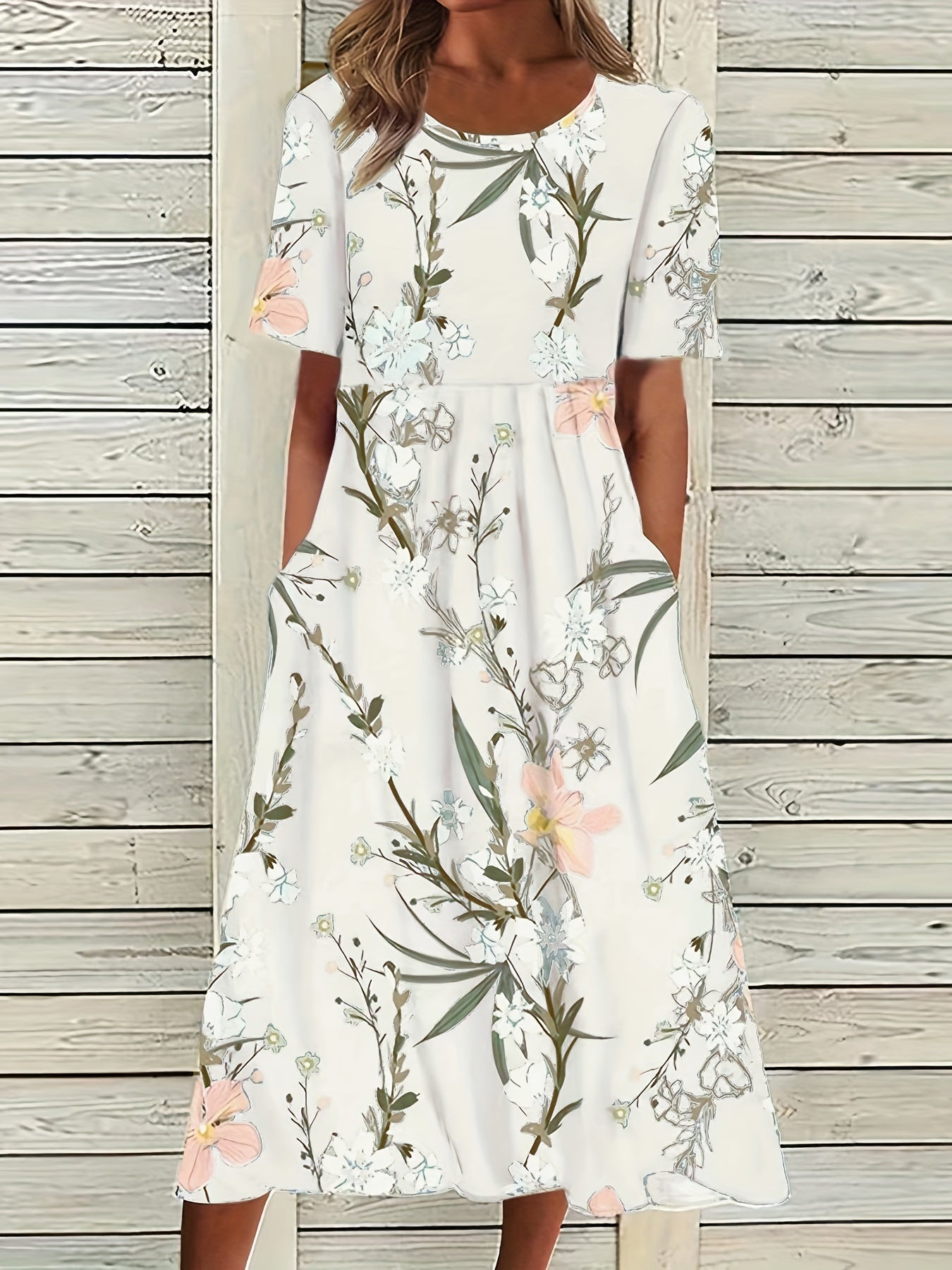Floral Print High Waist Dress Short Sleeve Summer Dress