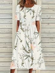 Floral Print High Waist Dress Short Sleeve Summer Dress