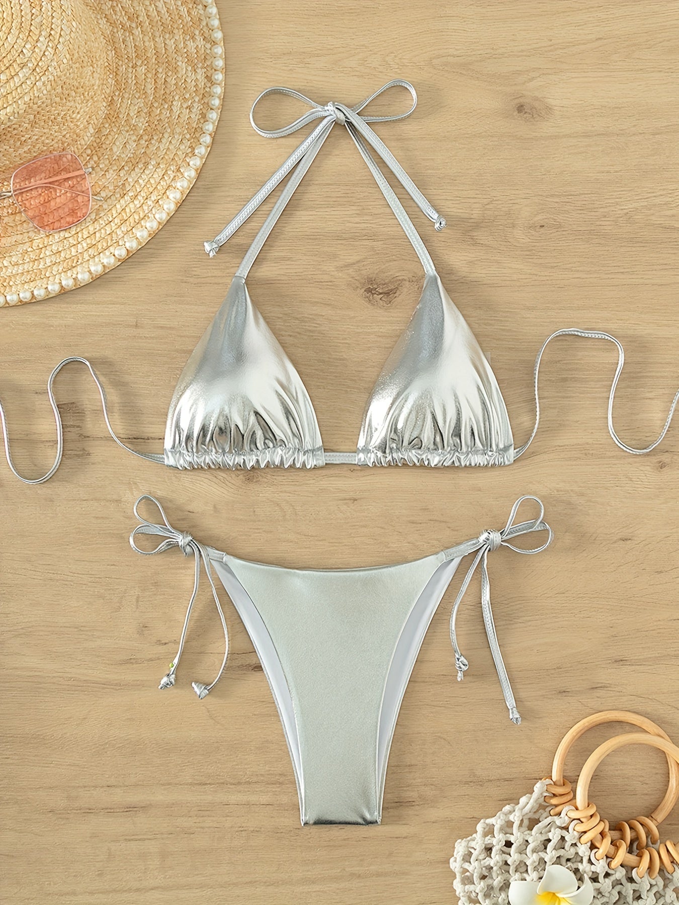 V Neck Bikini Set Backless Tie Side Swimsuit Women's Swimwear