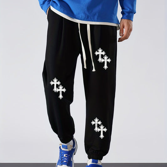 Cross Print Men's Drawstring Sweatpants With Pockets