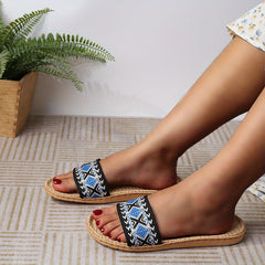 Women's Linen Slides Geometric Pattern Open Toe Shoes