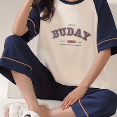 Letter Print Pajama Set Comfort Half Sleeve Top & Loose Cropped Pants