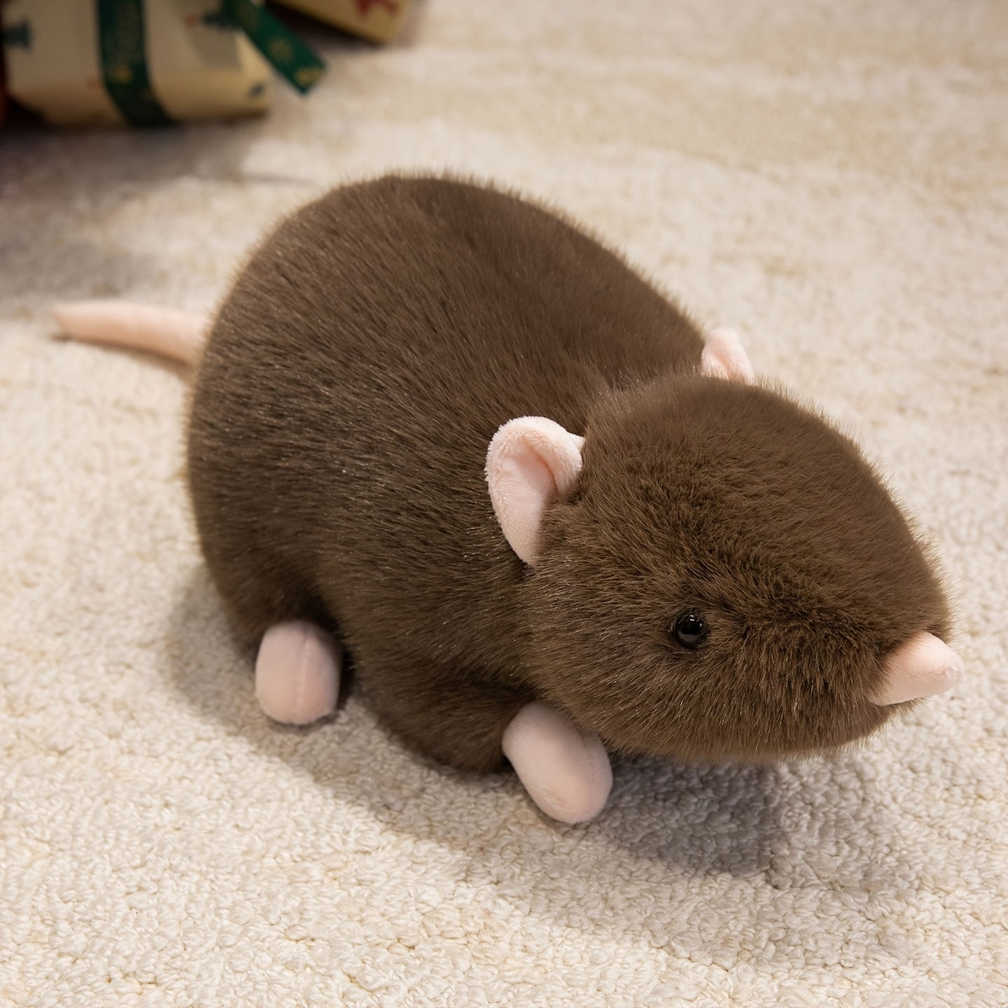 Soft Plush Mouse Toy Realistic Stuffed Animal with Brown & Olive Green Stripes