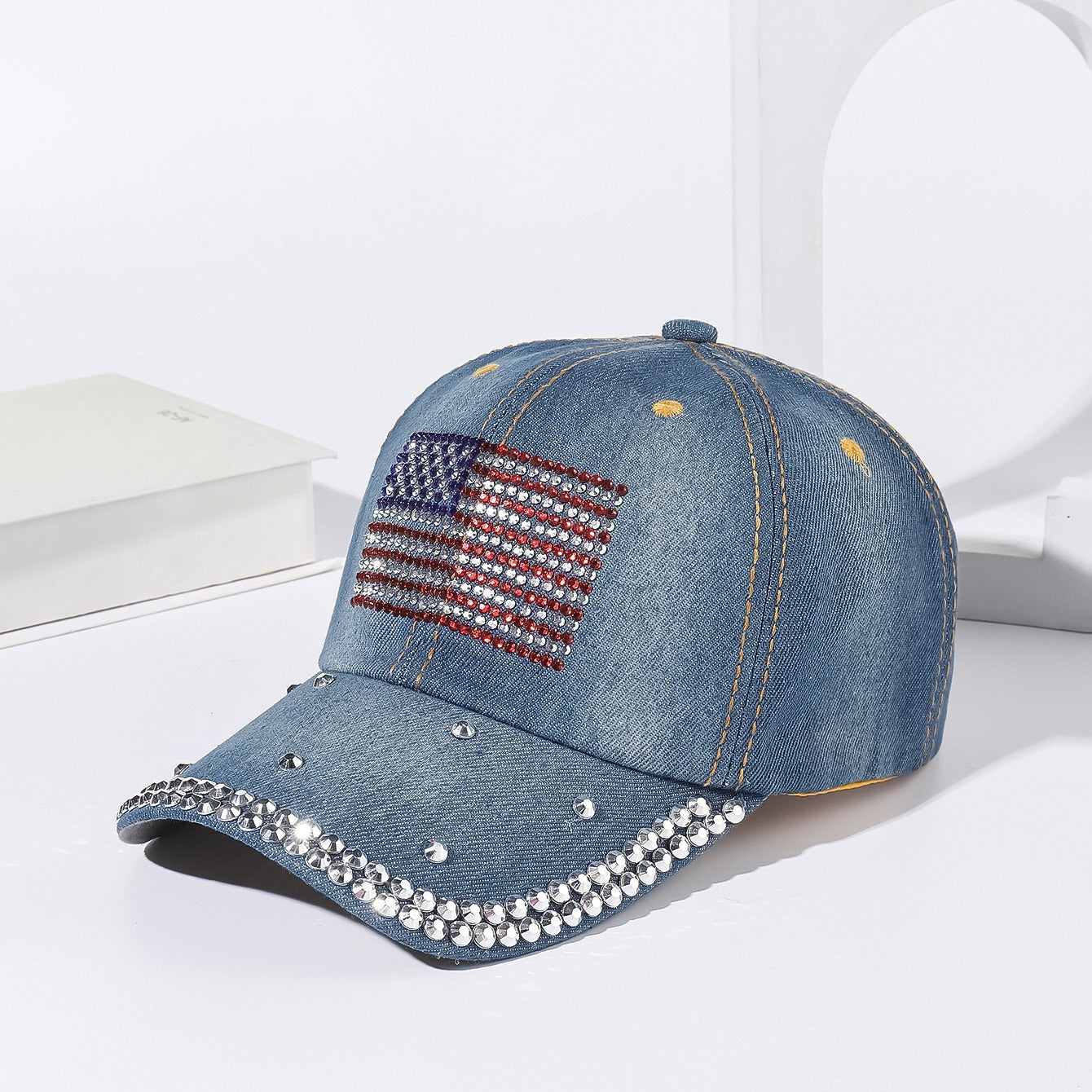 Denim Rhinestone Flag Baseball Cap Outdoor Adjustable Casual Style Man Women Hat