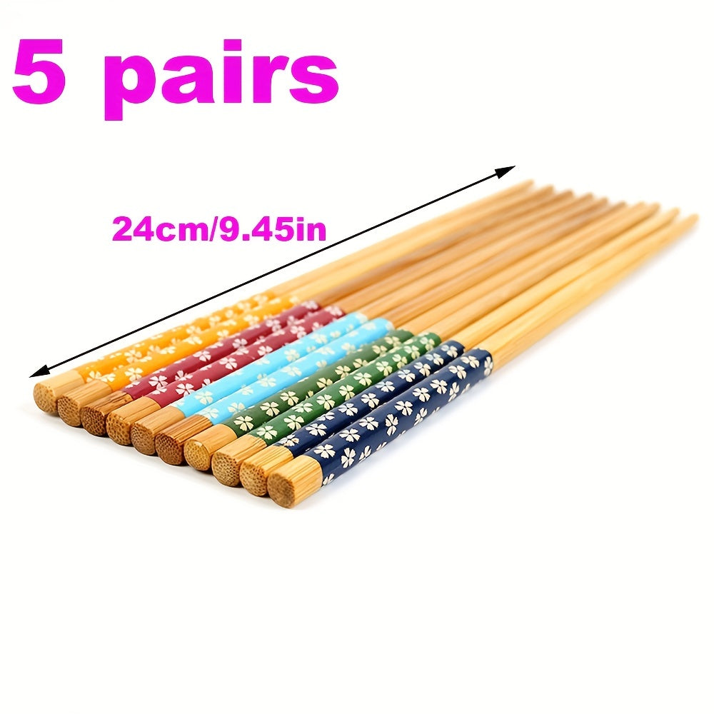 5 Pairs Bamboo Chopsticks Floral Print Chinese Style Tableware