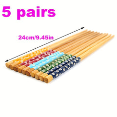 5 Pairs Bamboo Chopsticks Floral Print Chinese Style Tableware