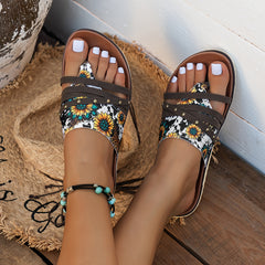 Sunflower Pattern Flat Sandals Hollow Beach Slippers