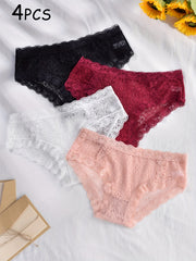 4pcs Floral Lace Briefs Scallop Trim Panties Women's Lingerie