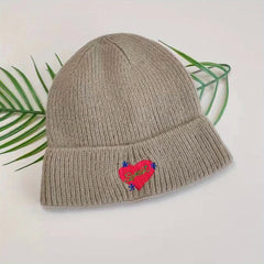 Heart Embroidery Khaki Beanie Casual Lightweight Warm Skull Cap Elastic Knitted