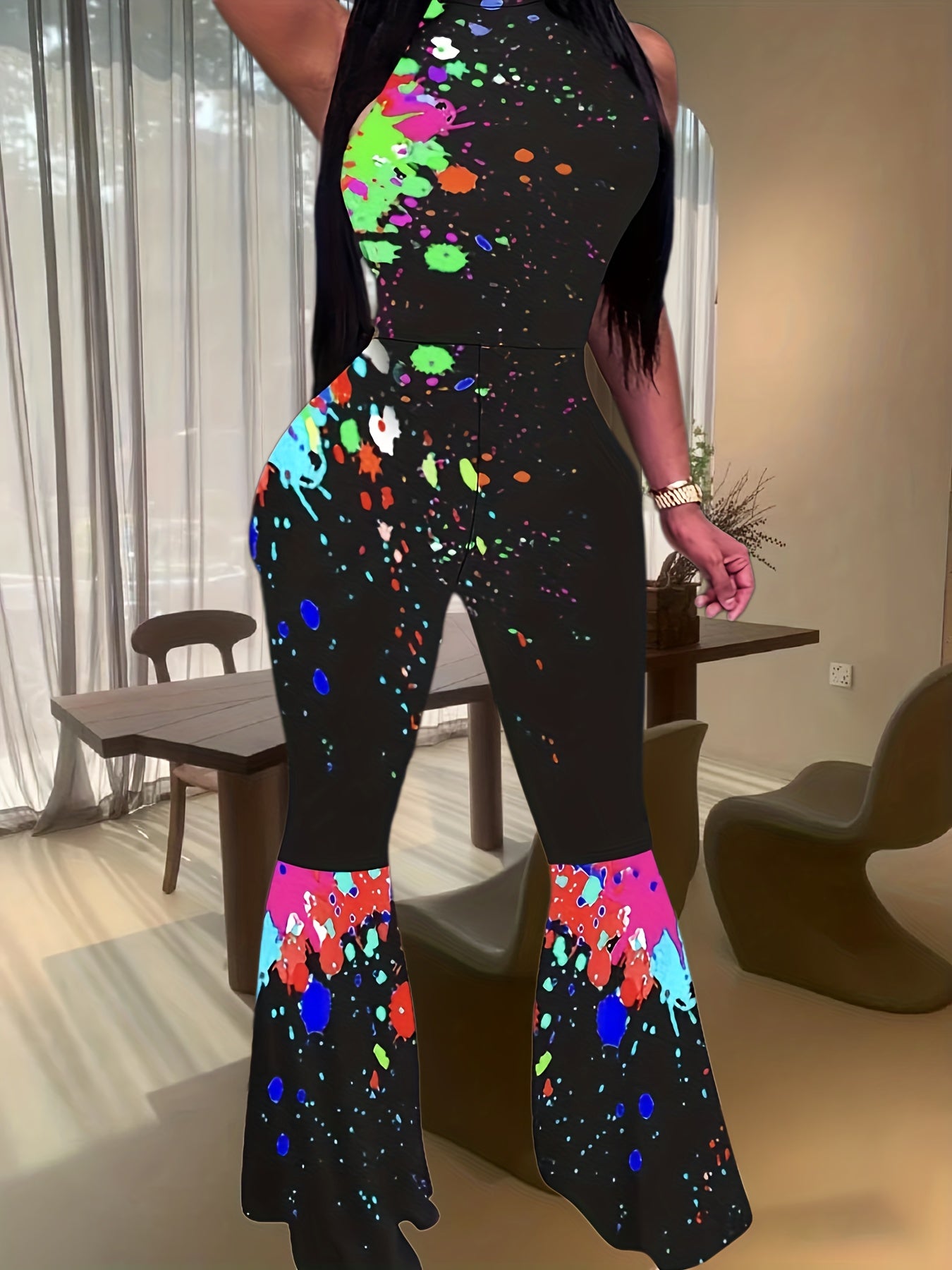 Sexy Tank Jumpsuit Women's Plus Splash Print Mock Neck Flared Leg