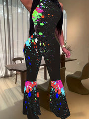 Sexy Tank Jumpsuit Women's Plus Splash Print Mock Neck Flared Leg
