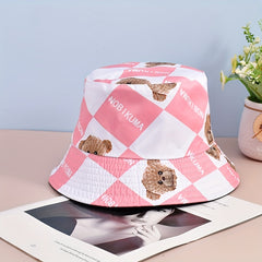 Unisex Cartoon Bear Print Bucket Hat, Double-Sided Sunshade Hat