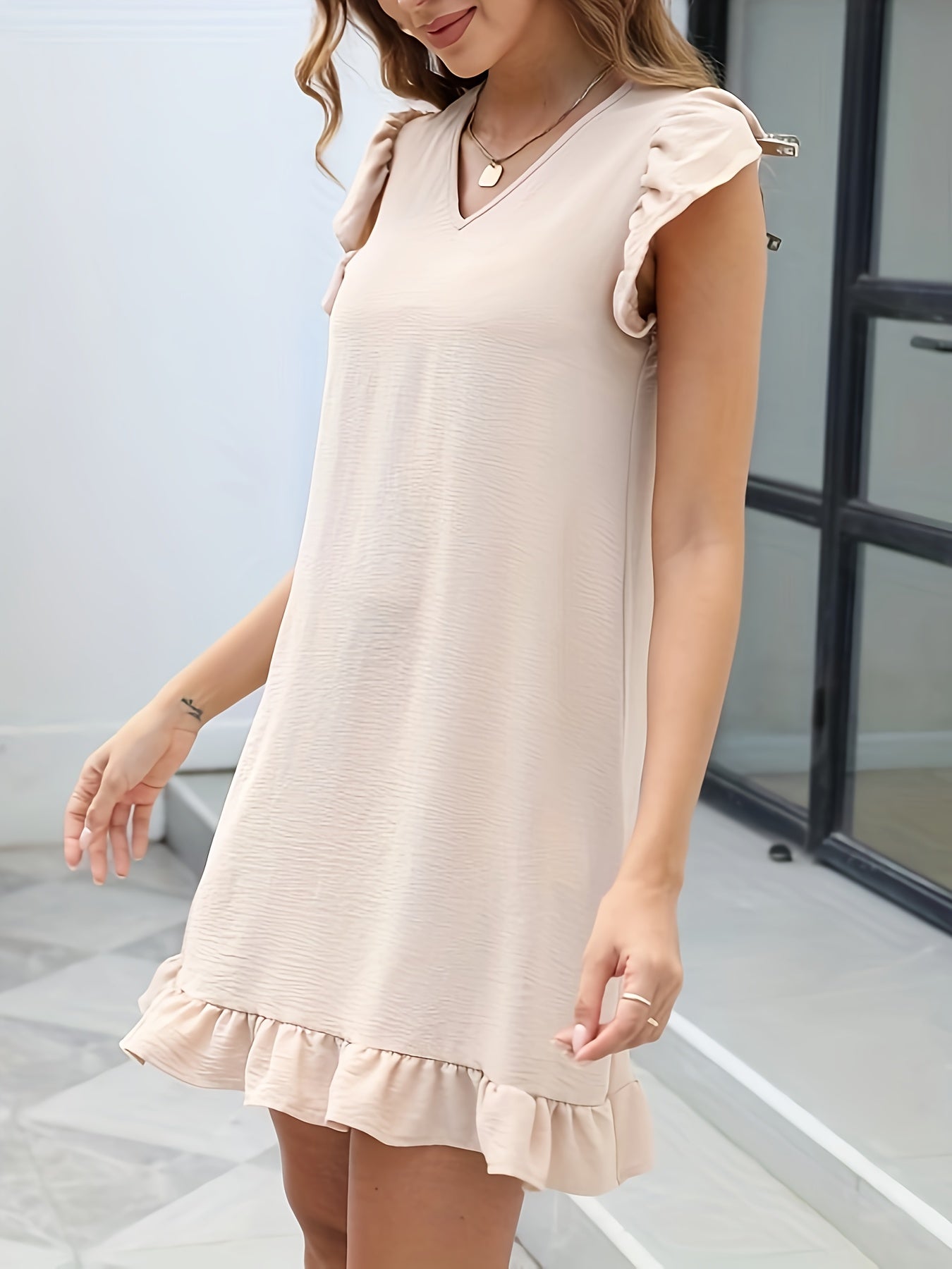 Ruffle Trim Solid Dress Casual V Neck Mini Dress Women's Clothing