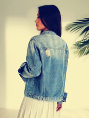 Ripped Holes Denim Jacket Long Sleeves Casual Denim Coat Women's Clothing